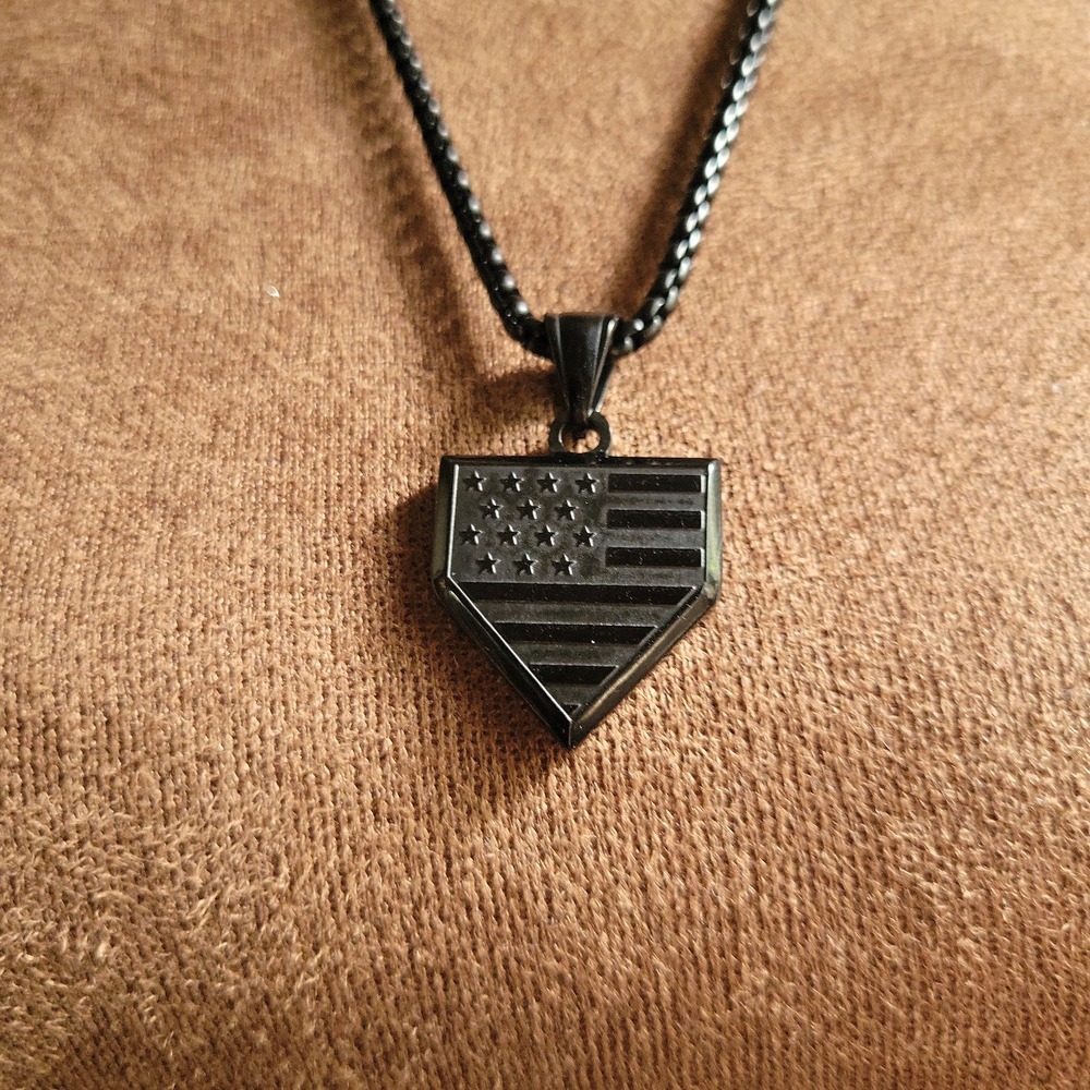 Mens Black American Flag Home Plate Lords Prayer Necklace 24 Inch Baseball
